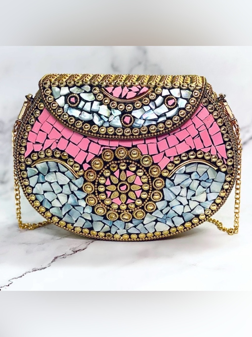 Ramla Beverly Hills Pink & Gold Mosaic Clutch Crossbody Bag Handmade in Morocco